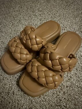 American Eagle Outfitters Braided Double-Strap Slides in Tan